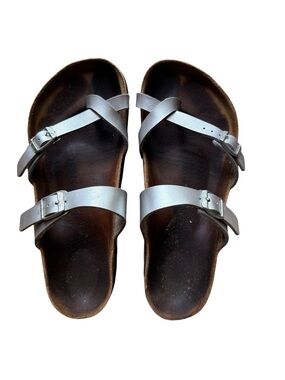 Birkenstock Mayari Silver Leather Double-Strap Sandals